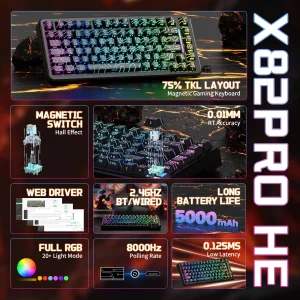 ATTACK SHARK X82PRO HE Wireless Rapid Trigger Gaming Keyboard Magnetic Switch black كيبورد